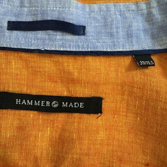 Hammer Made Size M (39 / 15.5) 100% Linen Shirt Orange Chambray Blue Flip Cuff - Picture 3 of 5
